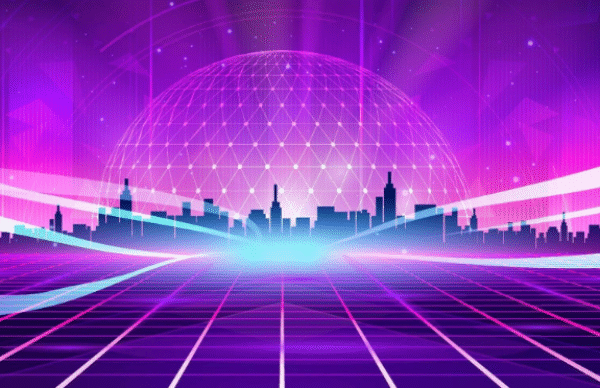 purple night with globe around city